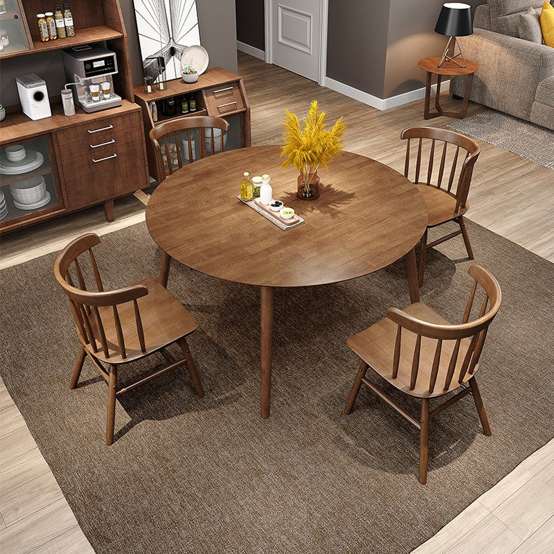 Round Dining Table Modern 4 Legs Wood Color Fixed Table of Solid Wood